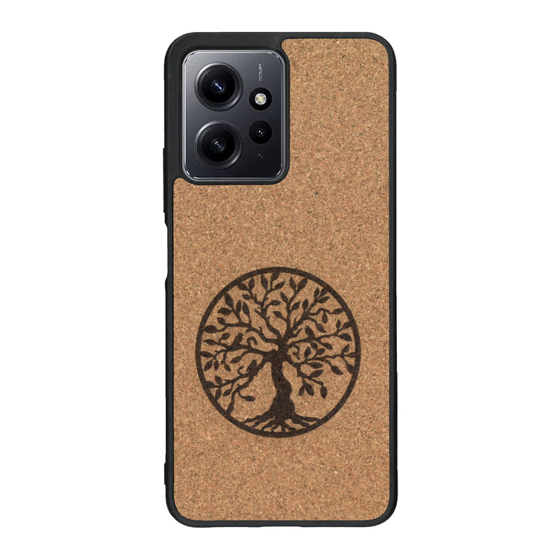Coque de protection en bois véritable fabriquée en France pour Xiaomi Redmi Note 12 Pro sur le thème de la spiritualité et du yoga avec une gravure zen représentant un arbre de vie