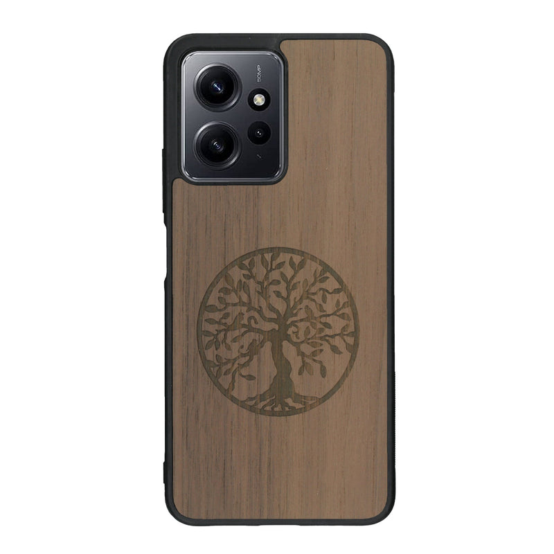Coque de protection en bois véritable fabriquée en France pour Xiaomi Redmi Note 12 Pro sur le thème de la spiritualité et du yoga avec une gravure zen représentant un arbre de vie