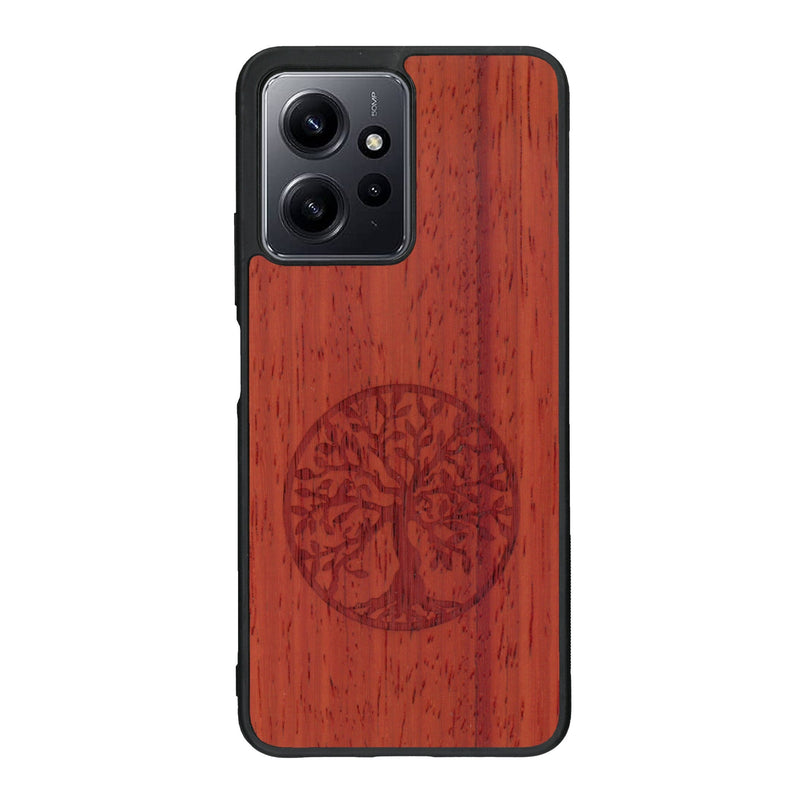 Coque de protection en bois véritable fabriquée en France pour Xiaomi Redmi Note 12 Pro sur le thème de la spiritualité et du yoga avec une gravure zen représentant un arbre de vie