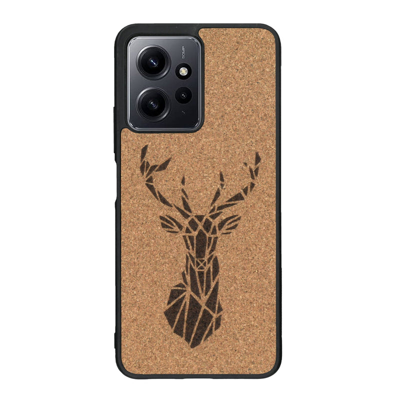 Coque de protection en bois véritable fabriquée en France pour Xiaomi Redmi Note 12 Pro sur le thème de la nature et des animaux représentant une tête de cerf gométrique avec un design moderne et minimaliste