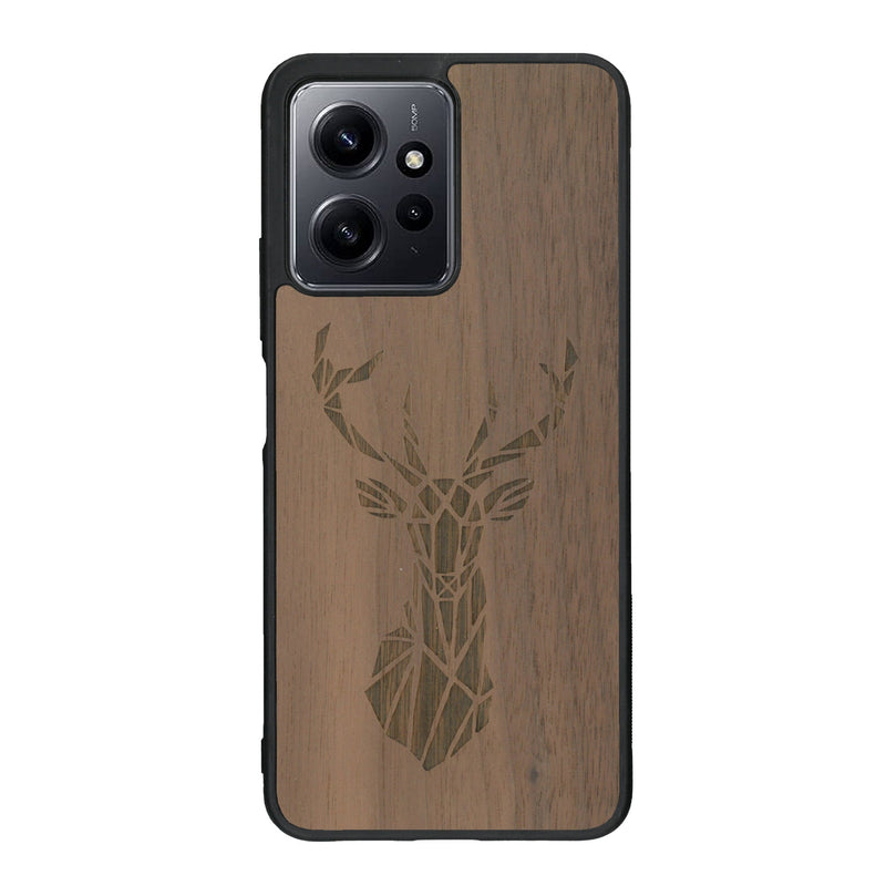 Coque de protection en bois véritable fabriquée en France pour Xiaomi Redmi Note 12 Pro sur le thème de la nature et des animaux représentant une tête de cerf gométrique avec un design moderne et minimaliste