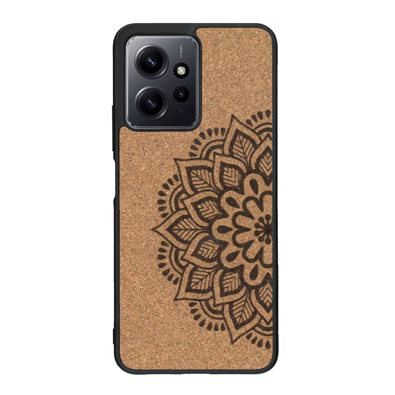 Coque de protection en bois véritable fabriquée en France pour Xiaomi Redmi Note 12 Pro sur le thème de la bohème et du tatouage au henné avec une gravure représentant un mandala