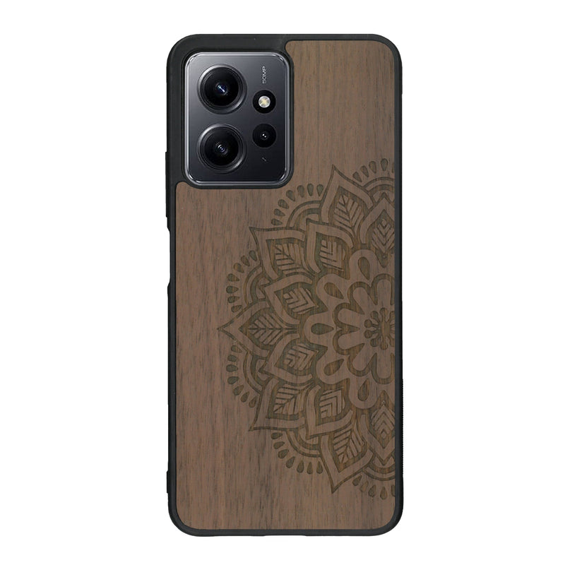Coque de protection en bois véritable fabriquée en France pour Xiaomi Redmi Note 12 Pro sur le thème de la bohème et du tatouage au henné avec une gravure représentant un mandala