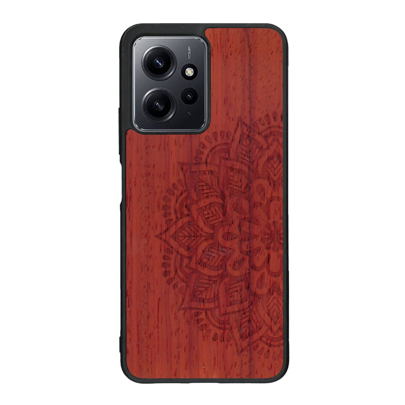 Coque de protection en bois véritable fabriquée en France pour Xiaomi Redmi Note 12 Pro sur le thème de la bohème et du tatouage au henné avec une gravure représentant un mandala