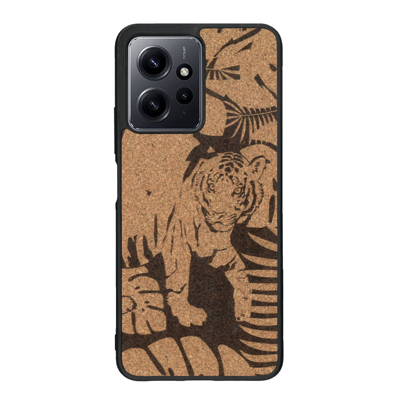 Coque de protection en bois véritable fabriquée en France pour Xiaomi Redmi Note 12 Pro sur le thème de la nature et des animaux représentant un tigre dans la jungle entre des fougères