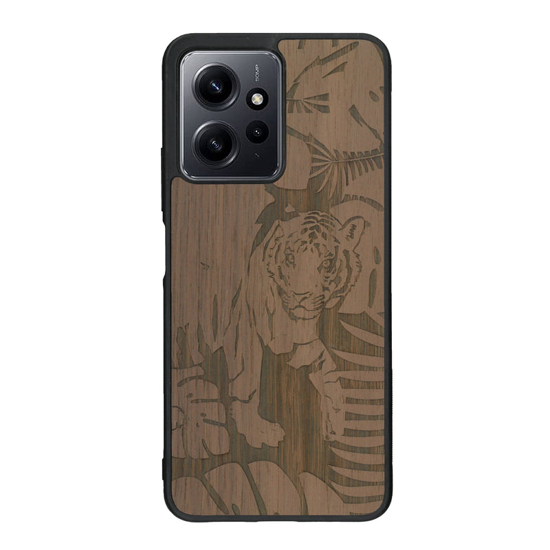 Coque de protection en bois véritable fabriquée en France pour Xiaomi Redmi Note 12 Pro sur le thème de la nature et des animaux représentant un tigre dans la jungle entre des fougères