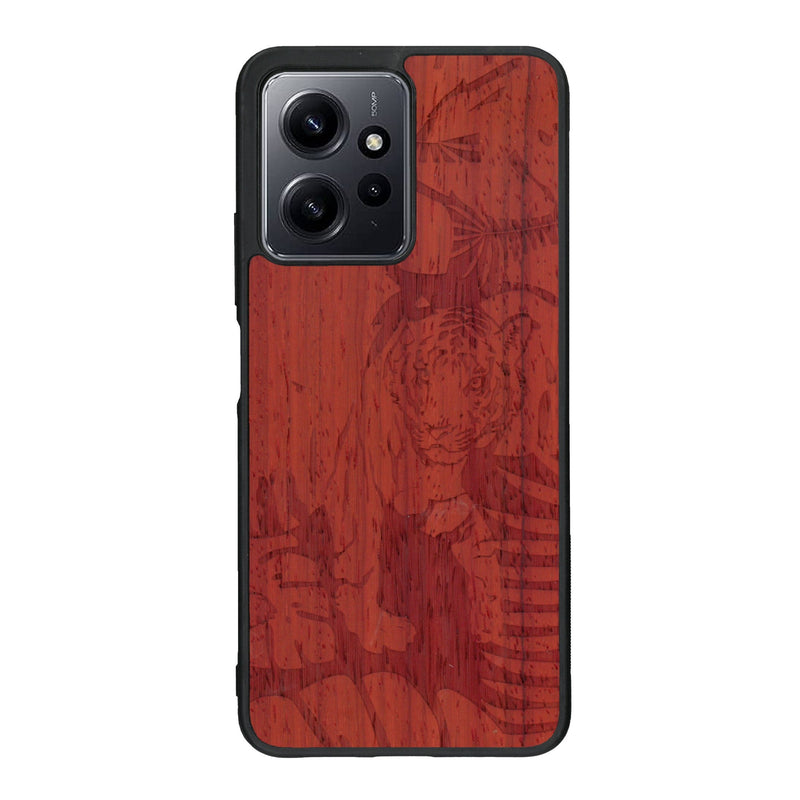 Coque de protection en bois véritable fabriquée en France pour Xiaomi Redmi Note 12 Pro sur le thème de la nature et des animaux représentant un tigre dans la jungle entre des fougères