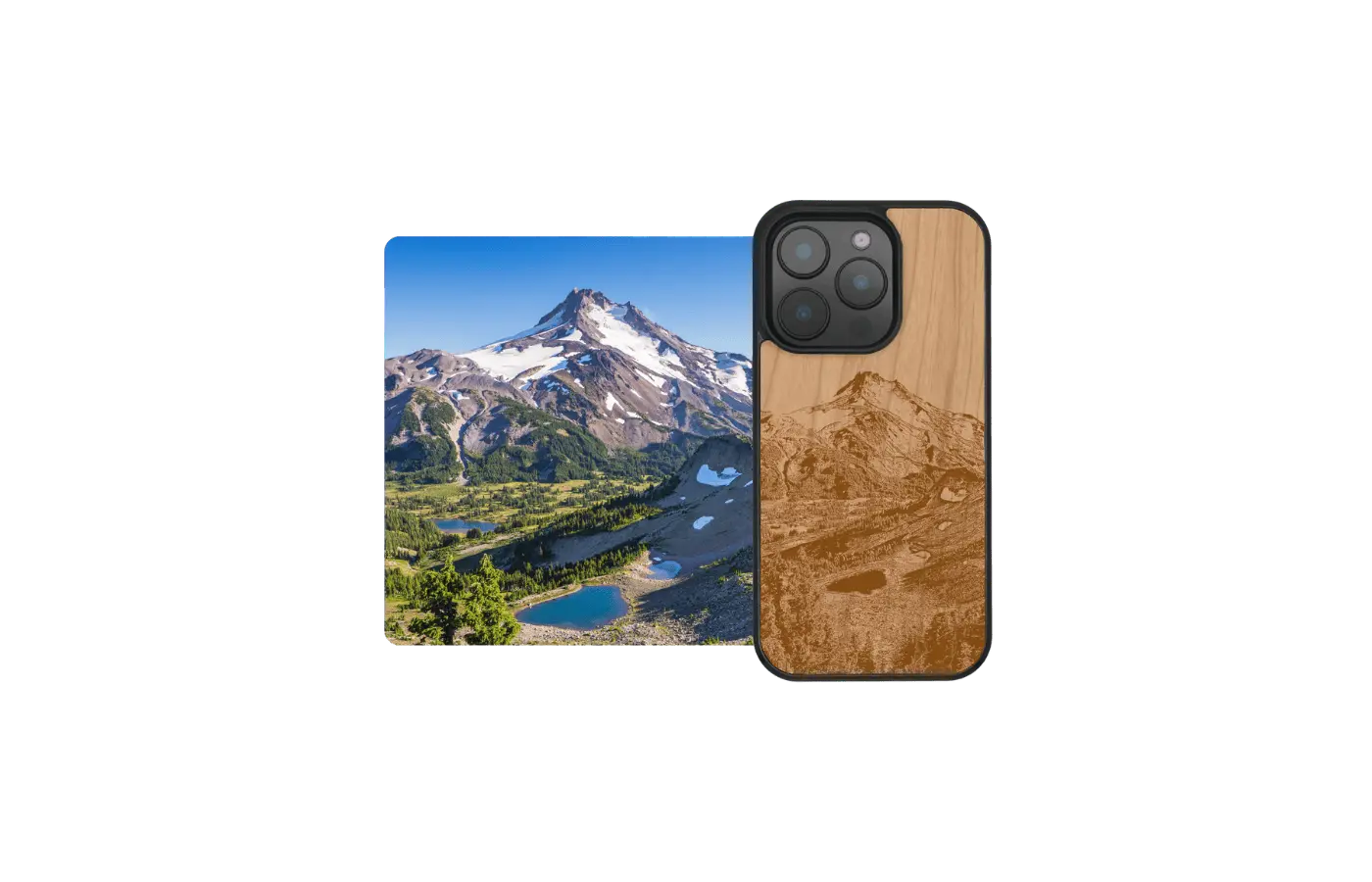 Coque de téléphone en bois personnalisée sur un iPhone 15 Pro avec l'image d'une montagne, artisanal et fabriqué en France.