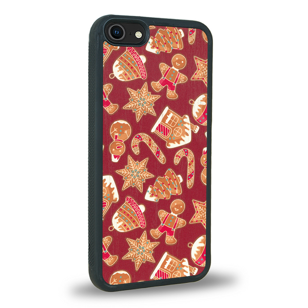 Coque de protection en bois véritable fabriquée en France pour iPhone SE 2022 sur le thème de noël et de l'hiver avec un motif représentant un bonhomme de pain d'épice
