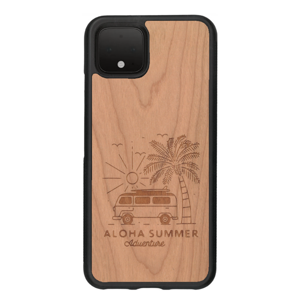 Coque de protection en bois véritable fabriquée en France pour Google Pixel 4 sur le thème de la plage, de l'été et vanlife.