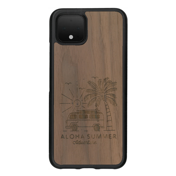 Coque de protection en bois véritable fabriquée en France pour Google Pixel 4 sur le thème de la plage, de l'été et vanlife.