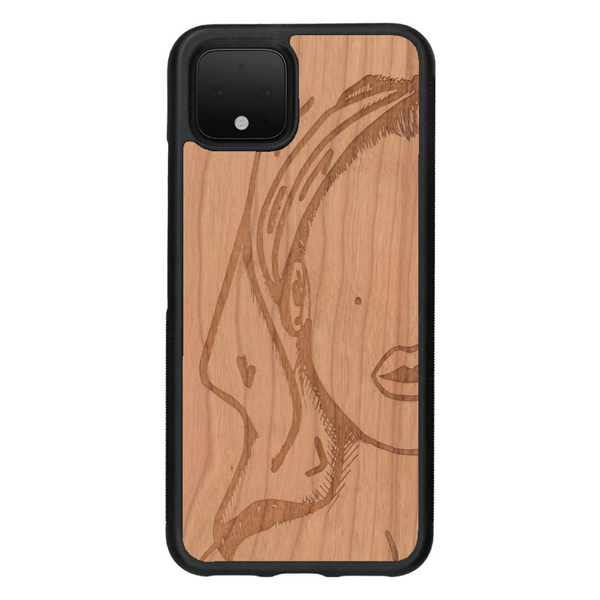 Coque de protection en bois véritable fabriquée en France pour Google Pixel 4 représentant une silhouette féminine épurée de type line art en collaboration avec l'artiste Maud Dabs