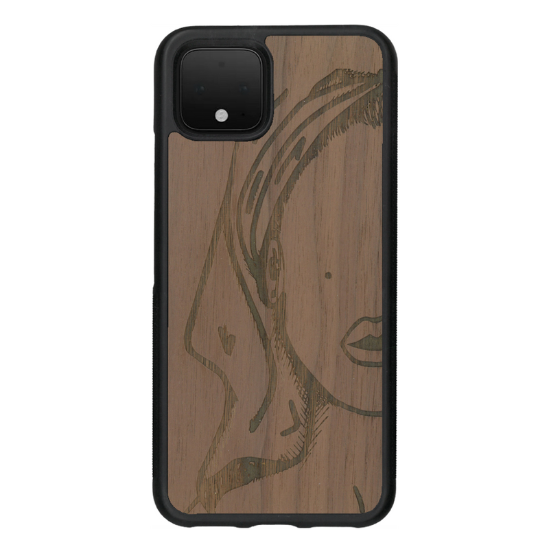 Coque de protection en bois véritable fabriquée en France pour Google Pixel 4 représentant une silhouette féminine épurée de type line art en collaboration avec l'artiste Maud Dabs