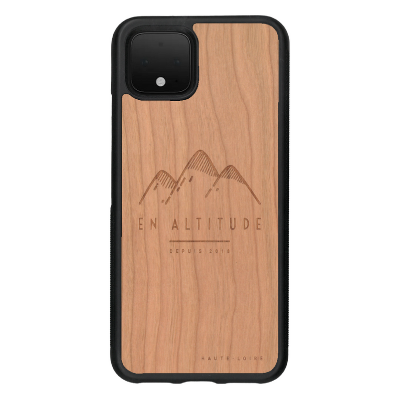 Coque de protection en bois véritable fabriquée en France pour Google Pixel 4 représentant des montagnes, sur le thème de la randonnée en pleine nature et du trail