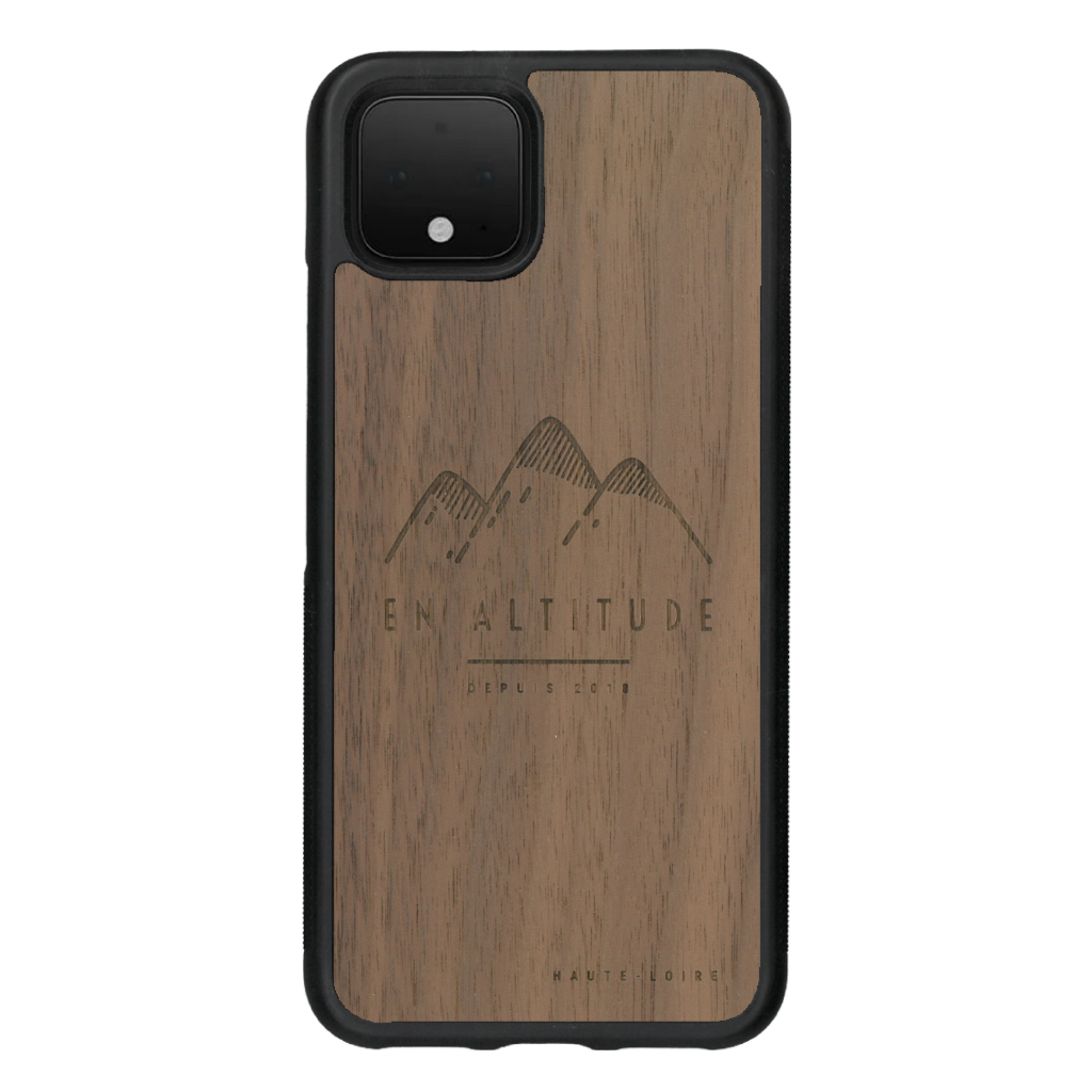 Coque de protection en bois véritable fabriquée en France pour Google Pixel 4 représentant des montagnes, sur le thème de la randonnée en pleine nature et du trail