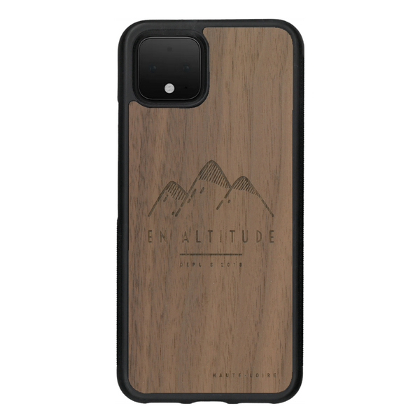 Coque de protection en bois véritable fabriquée en France pour Google Pixel 4 représentant des montagnes, sur le thème de la randonnée en pleine nature et du trail