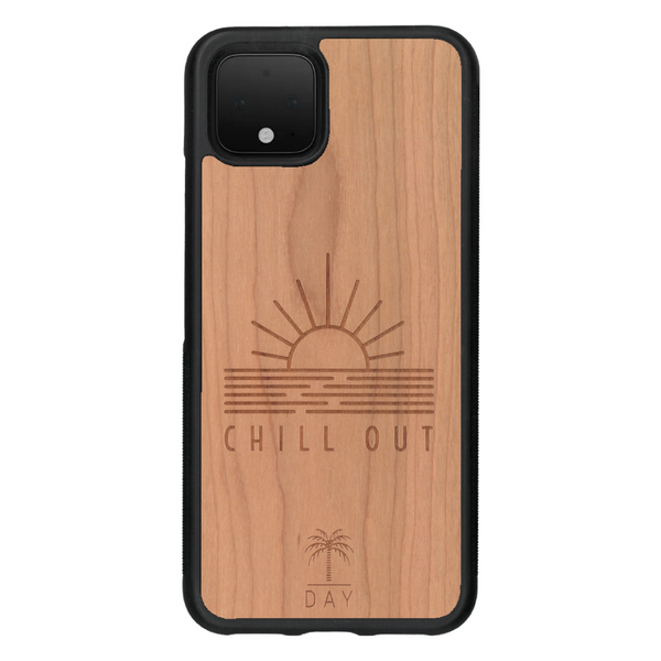 Coque de protection en bois véritable fabriquée en France pour Google Pixel 4 sur le thème chill avec un motif représentant un couché de soleil sur l'océan et la phrase "Chill out"