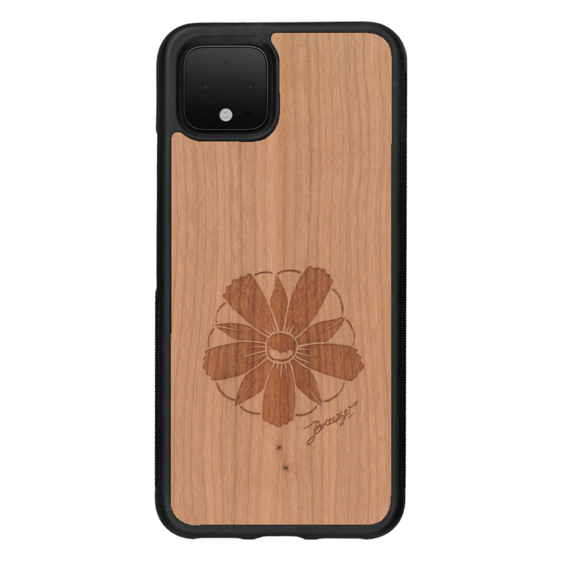 Coque de protection en bois véritable fabriquée en France pour Google Pixel 4 sur le thème des fleurs et de la montagne avec un motif de gravure représentant les pétales d'une fleur des montagnes