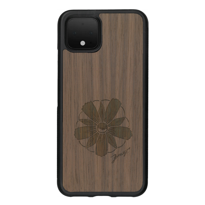 Coque de protection en bois véritable fabriquée en France pour Google Pixel 4 sur le thème des fleurs et de la montagne avec un motif de gravure représentant les pétales d'une fleur des montagnes