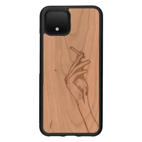 Coque de protection en bois véritable fabriquée en France pour Google Pixel 4 représentant une main de femme tenant une cigarette de type line art en collaboration avec l'artiste Maud Dabs