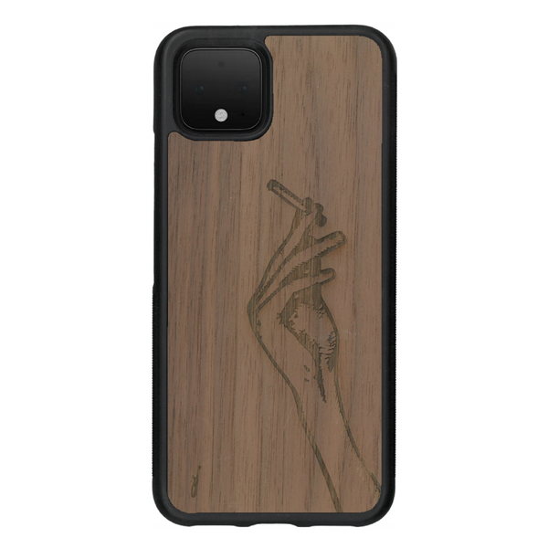 Coque de protection en bois véritable fabriquée en France pour Google Pixel 4 représentant une main de femme tenant une cigarette de type line art en collaboration avec l'artiste Maud Dabs