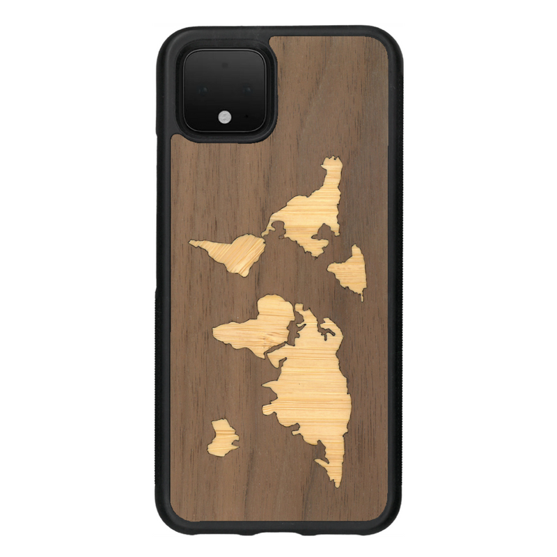 Coque de protection en bois véritable fabriquée en France pour Google Pixel 4 alliant du bambou et du noyer sur le thème du voyage et de l'aventure représentant une mappemonde