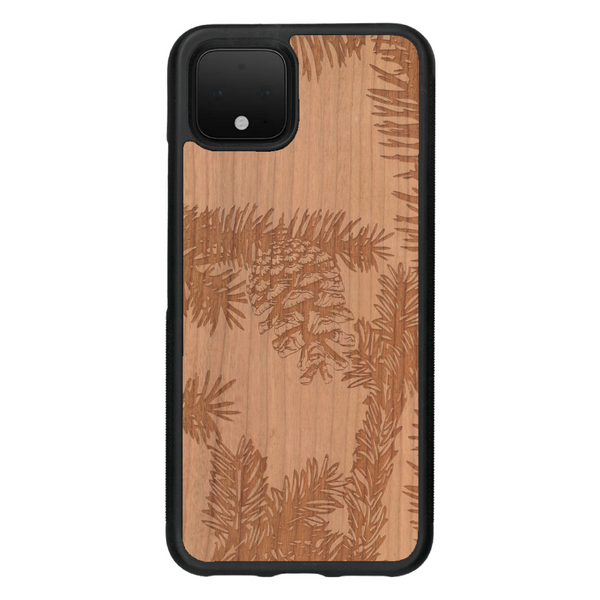 Coque de protection en bois véritable fabriquée en France pour Google Pixel 4 sur le thème de la nature des arbres avec un motif de gravure représentant des épines de sapin et des pommes de pin