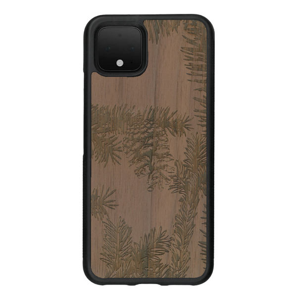 Coque de protection en bois véritable fabriquée en France pour Google Pixel 4 sur le thème de la nature des arbres avec un motif de gravure représentant des épines de sapin et des pommes de pin