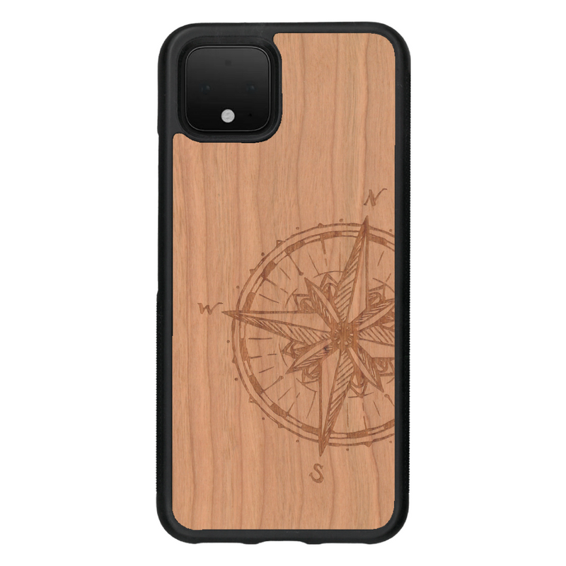 Coque de protection en bois véritable fabriquée en France pour Google Pixel 4 avec une gravure "rose des vents" sur le thème nautique et de l'océan qui s'inspire des boussoles de pirate