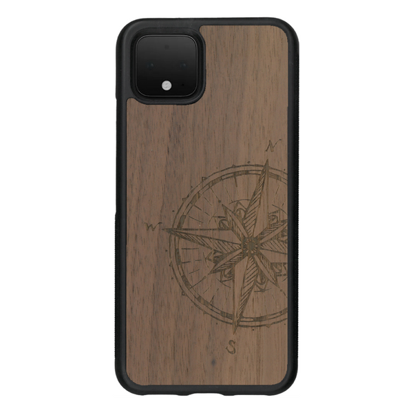 Coque de protection en bois véritable fabriquée en France pour Google Pixel 4 avec une gravure "rose des vents" sur le thème nautique et de l'océan qui s'inspire des boussoles de pirate