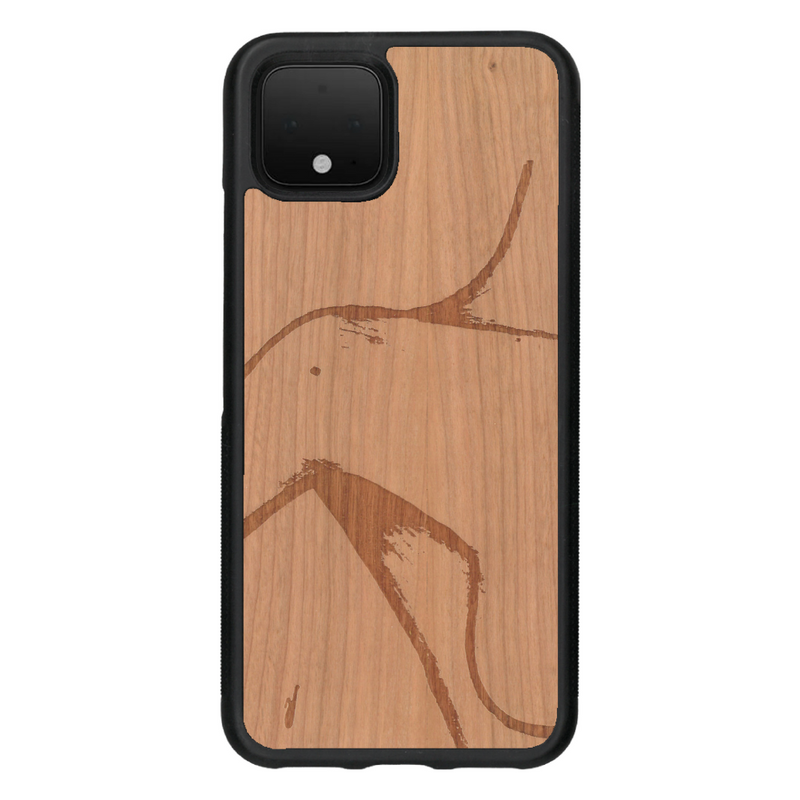 Coque de protection en bois véritable fabriquée en France pour Google Pixel 4 représentant une silhouette féminine dessinée à la main par l'artiste Maud Dabs