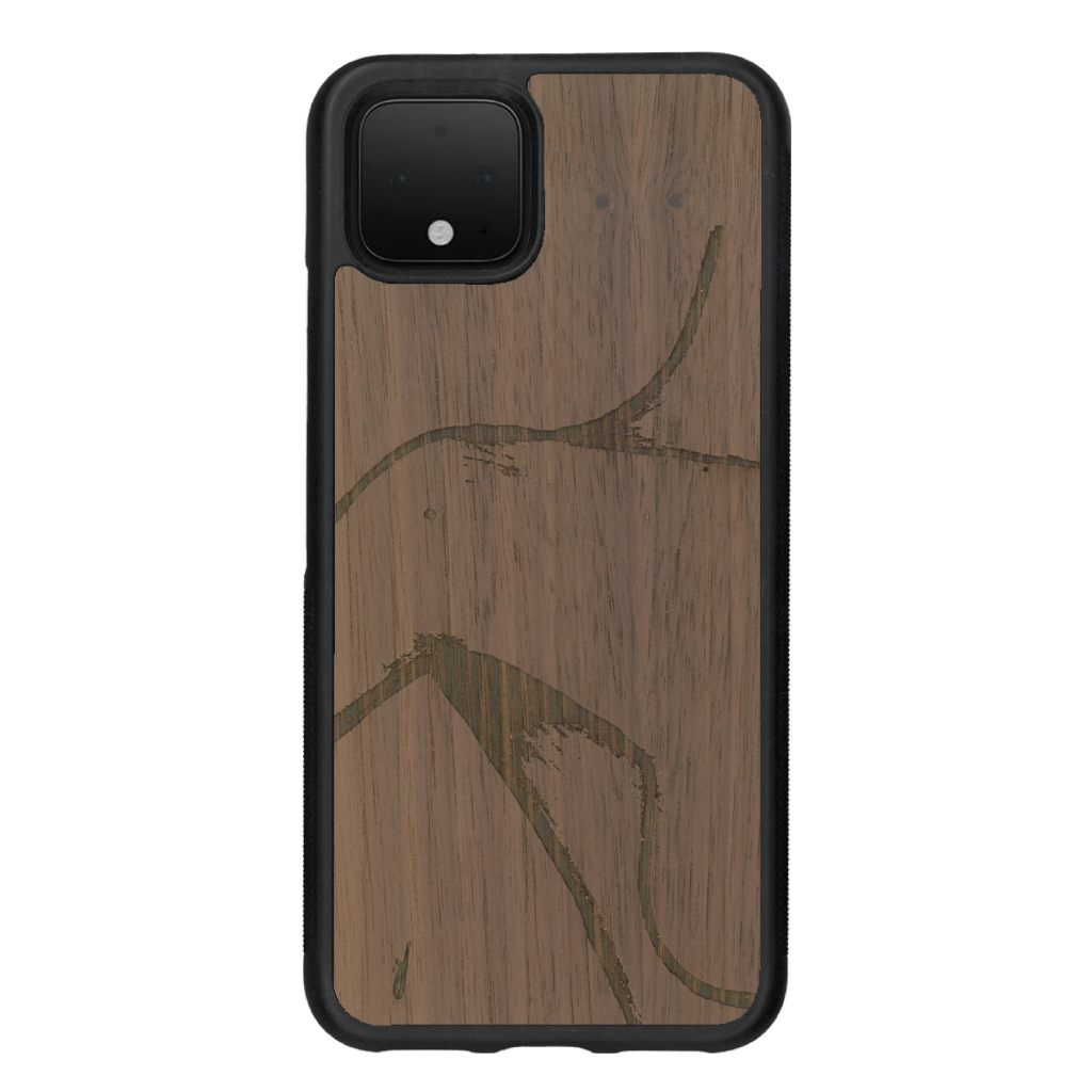 Coque de protection en bois véritable fabriquée en France pour Google Pixel 4 représentant une silhouette féminine dessinée à la main par l'artiste Maud Dabs