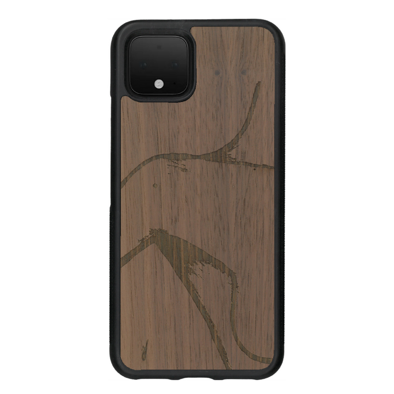 Coque de protection en bois véritable fabriquée en France pour Google Pixel 4 représentant une silhouette féminine dessinée à la main par l'artiste Maud Dabs