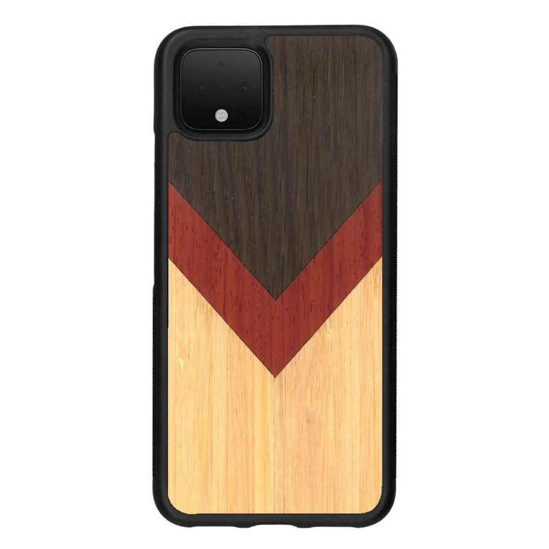 Coque de protection en bois véritable fabriquée en France pour Google Pixel 4 alliant du chêne fumé, du padouk et du bambou en forme de chevron sur le thème de l'art abstrait