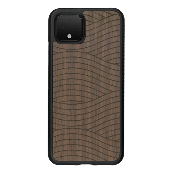 Coque de protection en bois véritable fabriquée en France pour Google Pixel 4 avec un motif moderne et minimaliste sur le thème waves et wavy représentant les vagues de l'océan