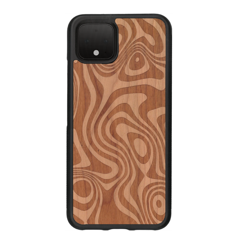 Coque de protection en bois véritable fabriquée en France pour Google Pixel 4 avec un motif abstrait représentant les mouvements de l'eau