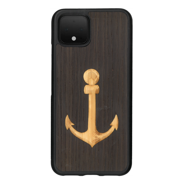 Coque de protection en bois véritable fabriquée en France pour Google Pixel 4 sur le thème nautique avec un bois clair et un bois foncé représentant une ancre de bateau