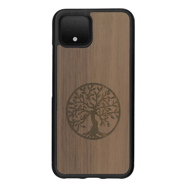 Coque de protection en bois véritable fabriquée en France pour Google Pixel 4 sur le thème de la spiritualité et du yoga avec une gravure zen représentant un arbre de vie