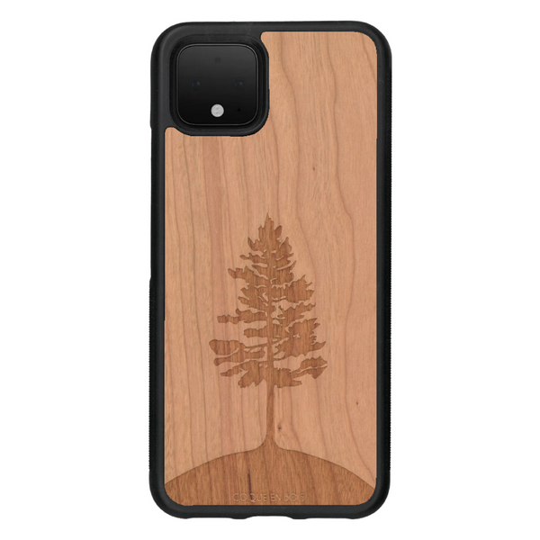 Coque de protection en bois véritable fabriquée en France pour Google Pixel 4 sur le thème de la nature, de la fôret et de l'écoresponsabilité avec une gravure représentant un arbre 