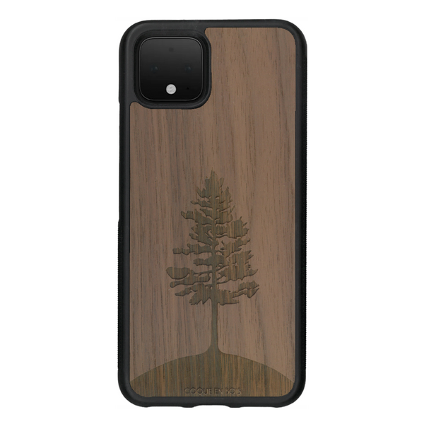 Coque de protection en bois véritable fabriquée en France pour Google Pixel 4 sur le thème de la nature, de la fôret et de l'écoresponsabilité avec une gravure représentant un arbre 