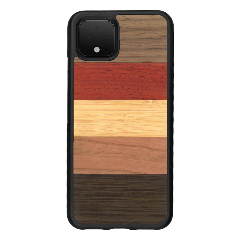 Coque de protection en bois véritable fabriquée en France pour Google Pixel 4 alliant des bandes horizontales de bambou, merisier, padouk, noyer et chêne fumé