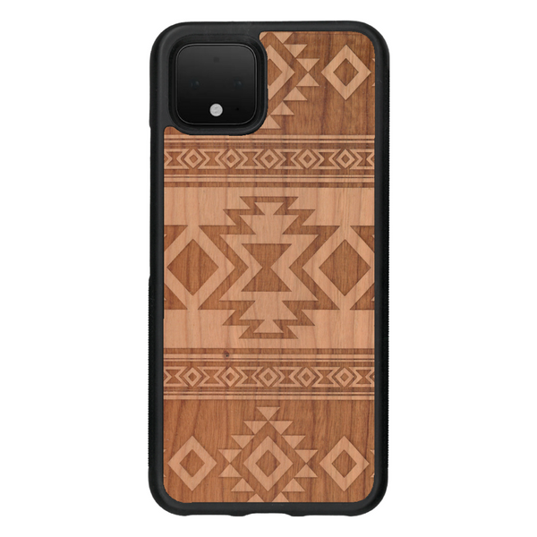 Coque de protection en bois véritable fabriquée en France pour Google Pixel 4 avec des motifs géométriques s'inspirant des temples aztèques, mayas et incas
