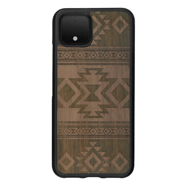 Coque de protection en bois véritable fabriquée en France pour Google Pixel 4 avec des motifs géométriques s'inspirant des temples aztèques, mayas et incas