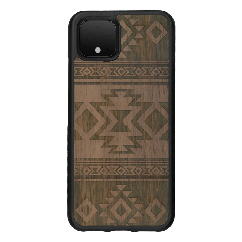 Coque de protection en bois véritable fabriquée en France pour Google Pixel 4 avec des motifs géométriques s'inspirant des temples aztèques, mayas et incas