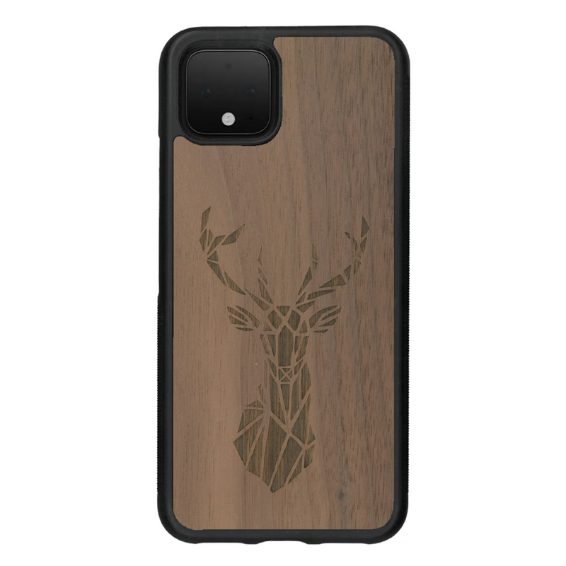 Coque de protection en bois véritable fabriquée en France pour Google Pixel 4 sur le thème de la nature et des animaux représentant une tête de cerf gométrique avec un design moderne et minimaliste