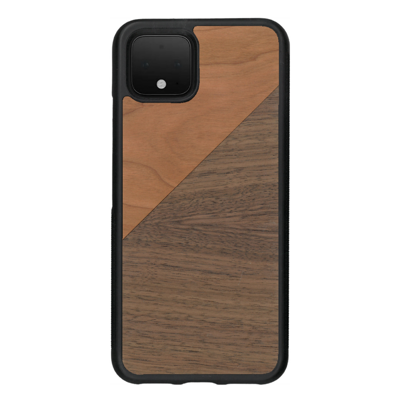 Coque de protection en bois véritable fabriquée en France pour Google Pixel 4 alliant du merisier et du noyer formant chacun un triangle avec une jointure en diagonale sur le thème de l'art abstrait