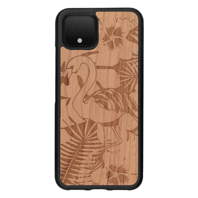 Coque de protection en bois véritable fabriquée en France pour Google Pixel 4 sur le thème de la nature et des animaux représentant un flamant rose entre des fougères