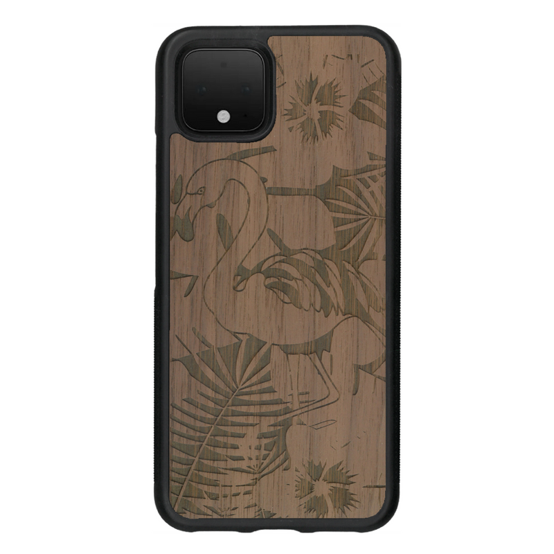 Coque de protection en bois véritable fabriquée en France pour Google Pixel 4 sur le thème de la nature et des animaux représentant un flamant rose entre des fougères