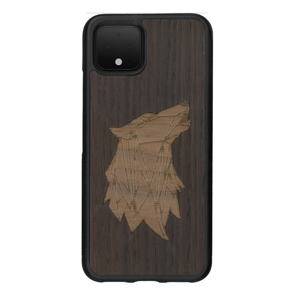 Coque de protection en bois véritable fabriquée en France pour Google Pixel 4 alliant du chêne fumé et du noyer représentant une tête de loup géométrique de profil sur le thème des animaux et de la nature