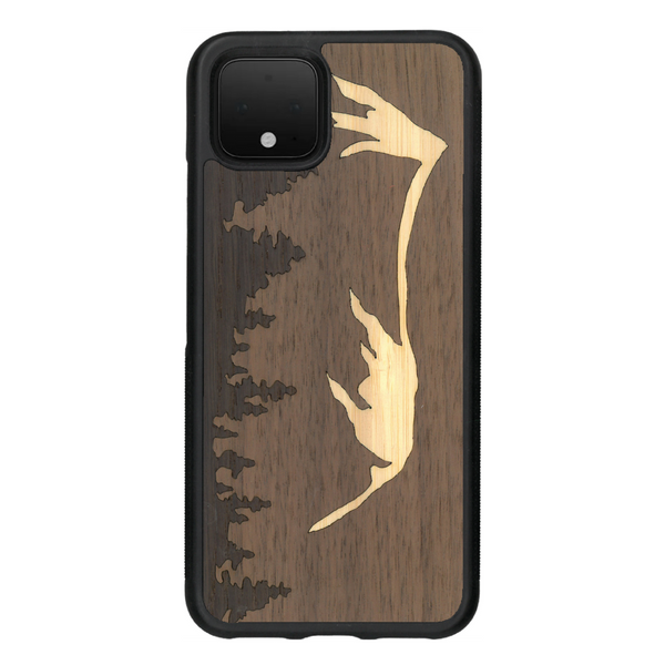 Coque de protection en bois véritable fabriquée en France pour Google Pixel 4 sur le thème de la nature et de la montagne qui allie du chêne fumé, du noyer et du bambou représentant le mont mézenc